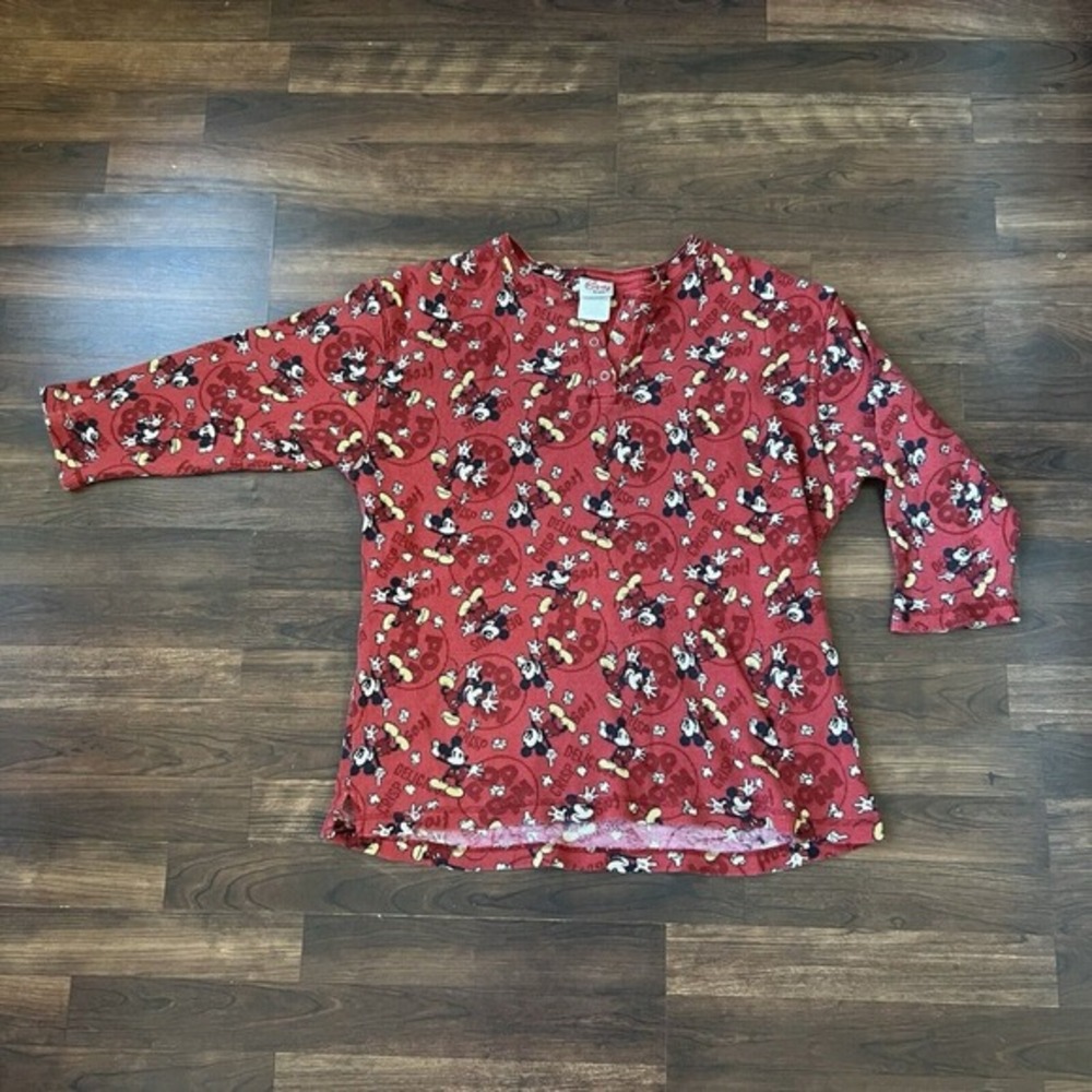 DISNEY Mickey Mouse Top Pajama Size XL Waffle Thermal Black Red Popcorn Top Only
